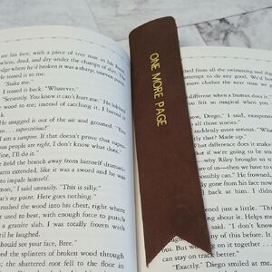 Brown Leather Bookmark with Gold Text, 'One More Page' Gold Foiled Quote